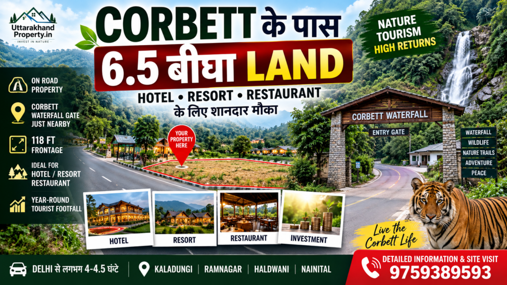 कॉर्बेट वाटरफॉल के पास लगभग 6.5 बीघा ऑन-road जमीन, 118 फीट frontage के साथ। Hotel, Resort और Restaurant project के लिए property details, location और investment considerations जानें।